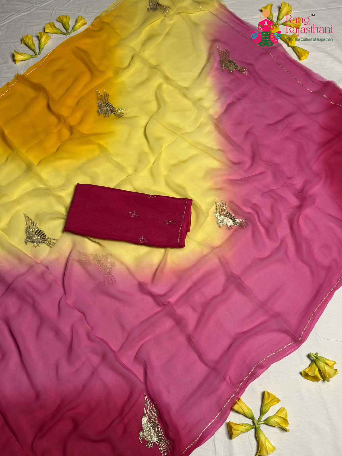 Rani Pure Chiffon Rajputi Aari Tari Saree for Haldi Ceremony | Designer Saree