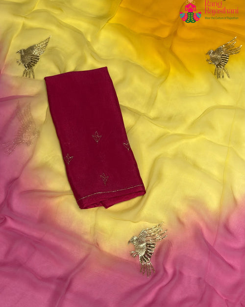 Rani Pure Chiffon Rajputi Aari Tari Saree for Haldi Ceremony | Designer Saree