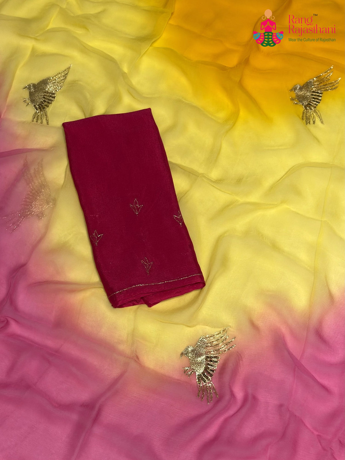 Rani Pure Chiffon Rajputi Aari Tari Saree for Haldi Ceremony | Designer Saree