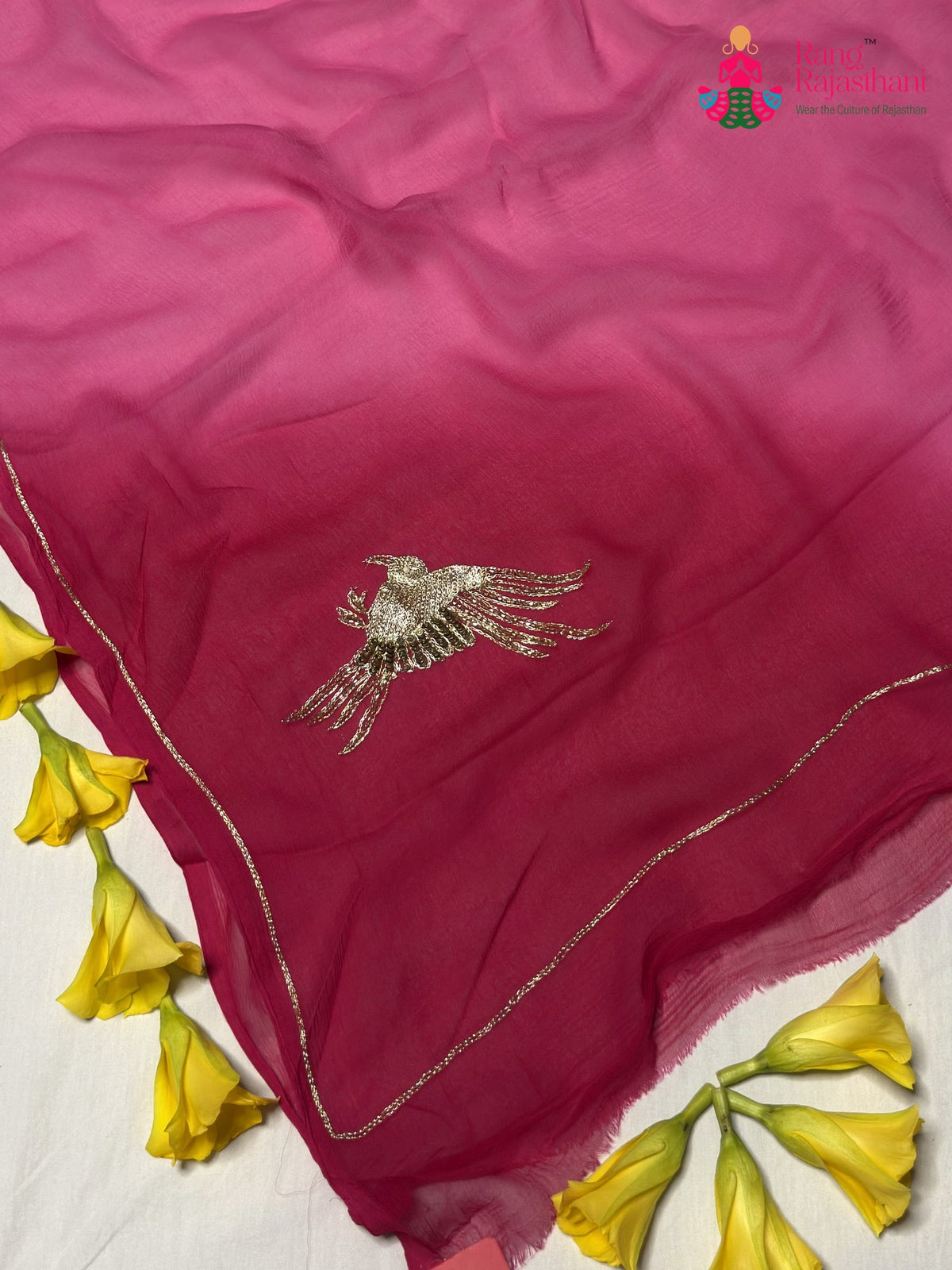 Rani Pure Chiffon Rajputi Aari Tari Saree for Haldi Ceremony | Designer Saree