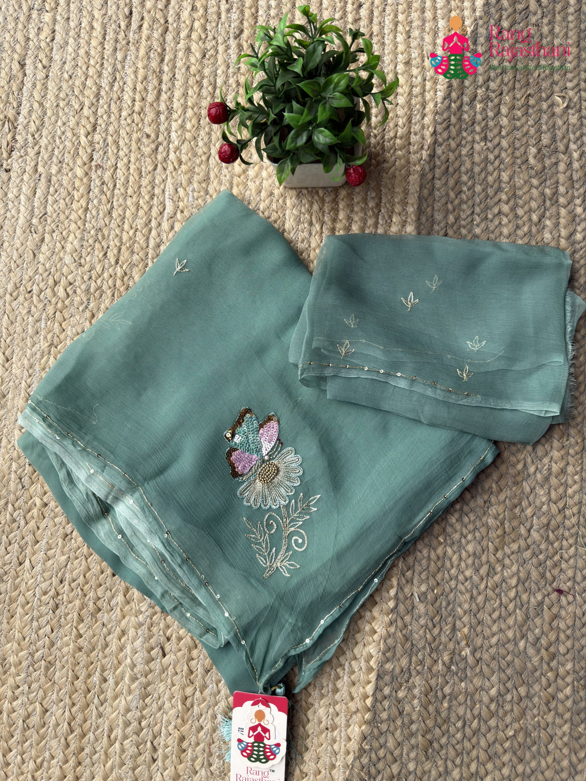 Rani Pure Chiffon Sequin Saree for Mehendi Ceremony | Luxe Drape