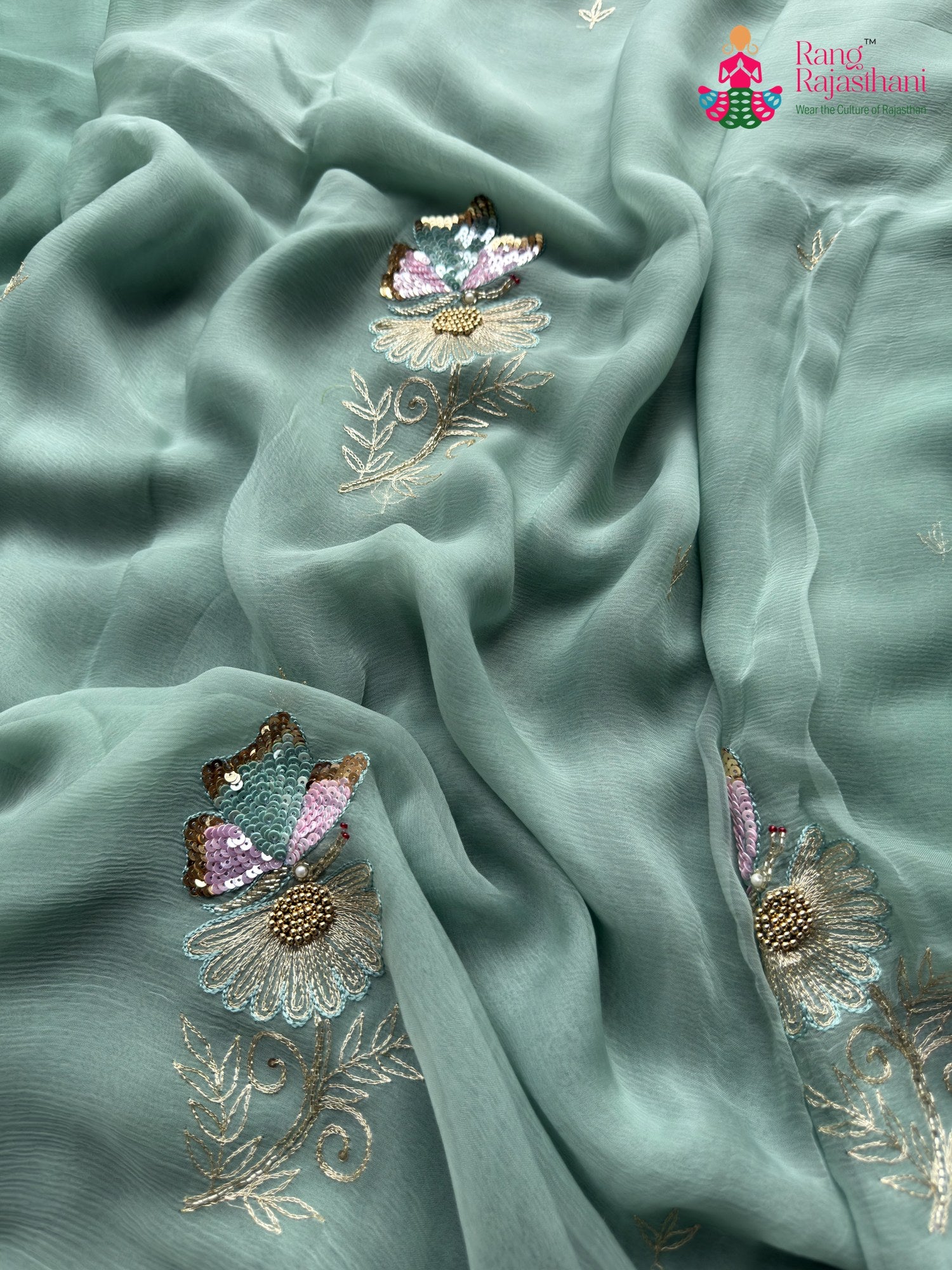 Rani Pure Chiffon Sequin Saree for Mehendi Ceremony | Luxe Drape