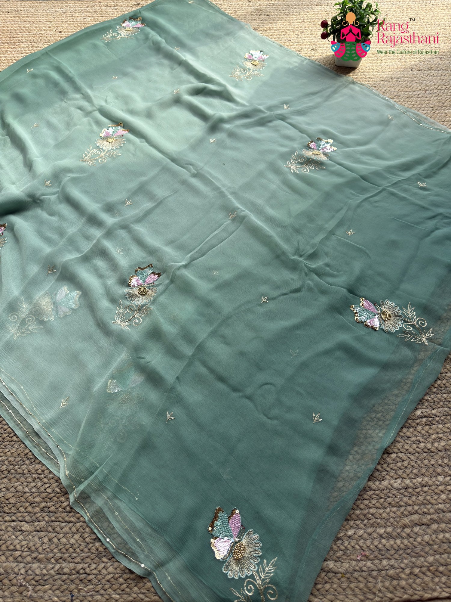 Rani Pure Chiffon Sequin Saree for Mehendi Ceremony | Luxe Drape