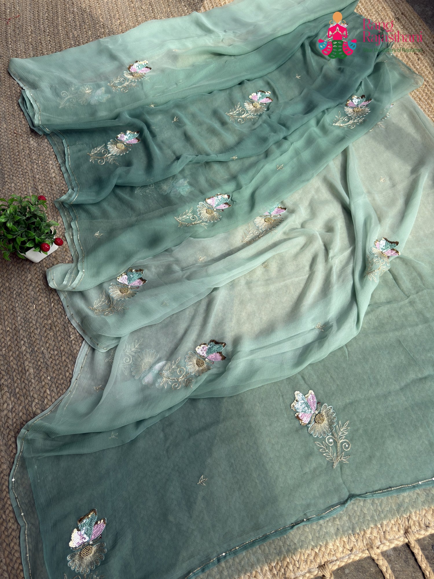 Rani Pure Chiffon Sequin Saree for Mehendi Ceremony | Luxe Drape