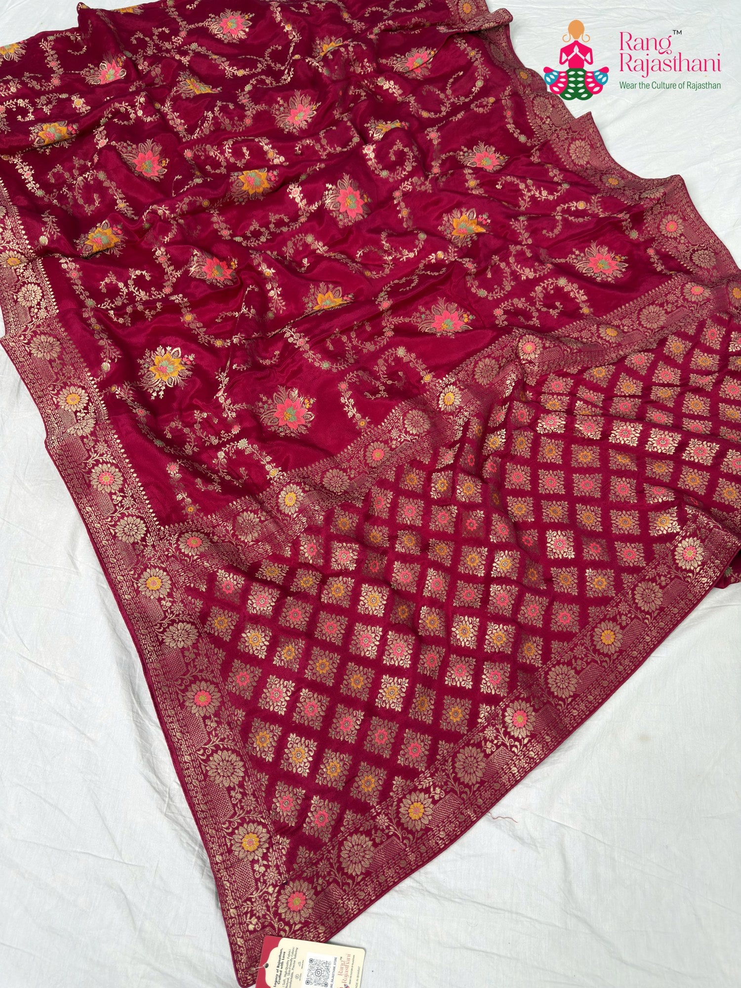 full view of rani pure crape chinon banarasi khaddi mina jaal saree
