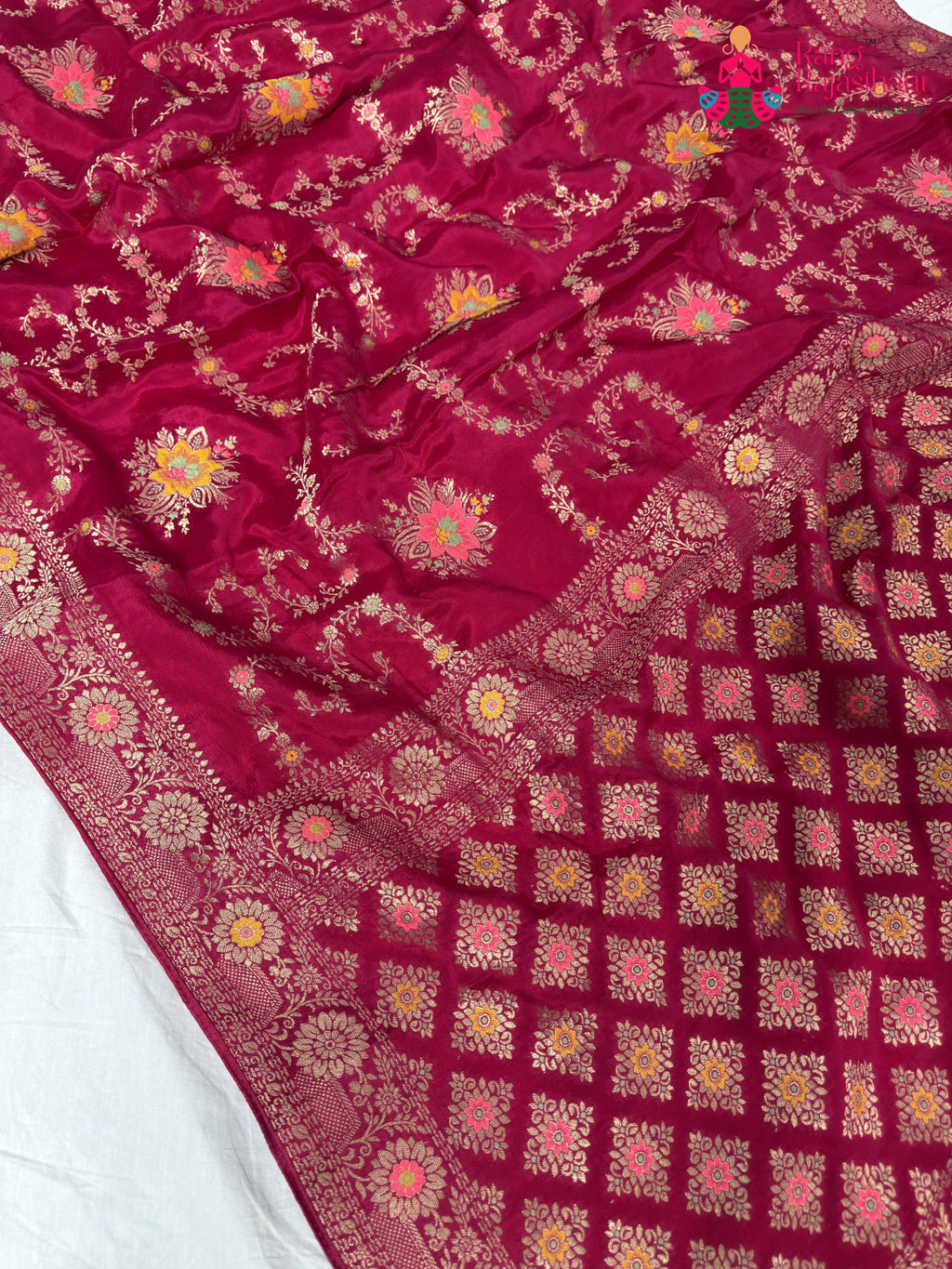 work detailing of rani pure crape chinon banarasi khaddi mina jaal saree