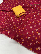 close up detailing of rani pure dola silk bandhani saree