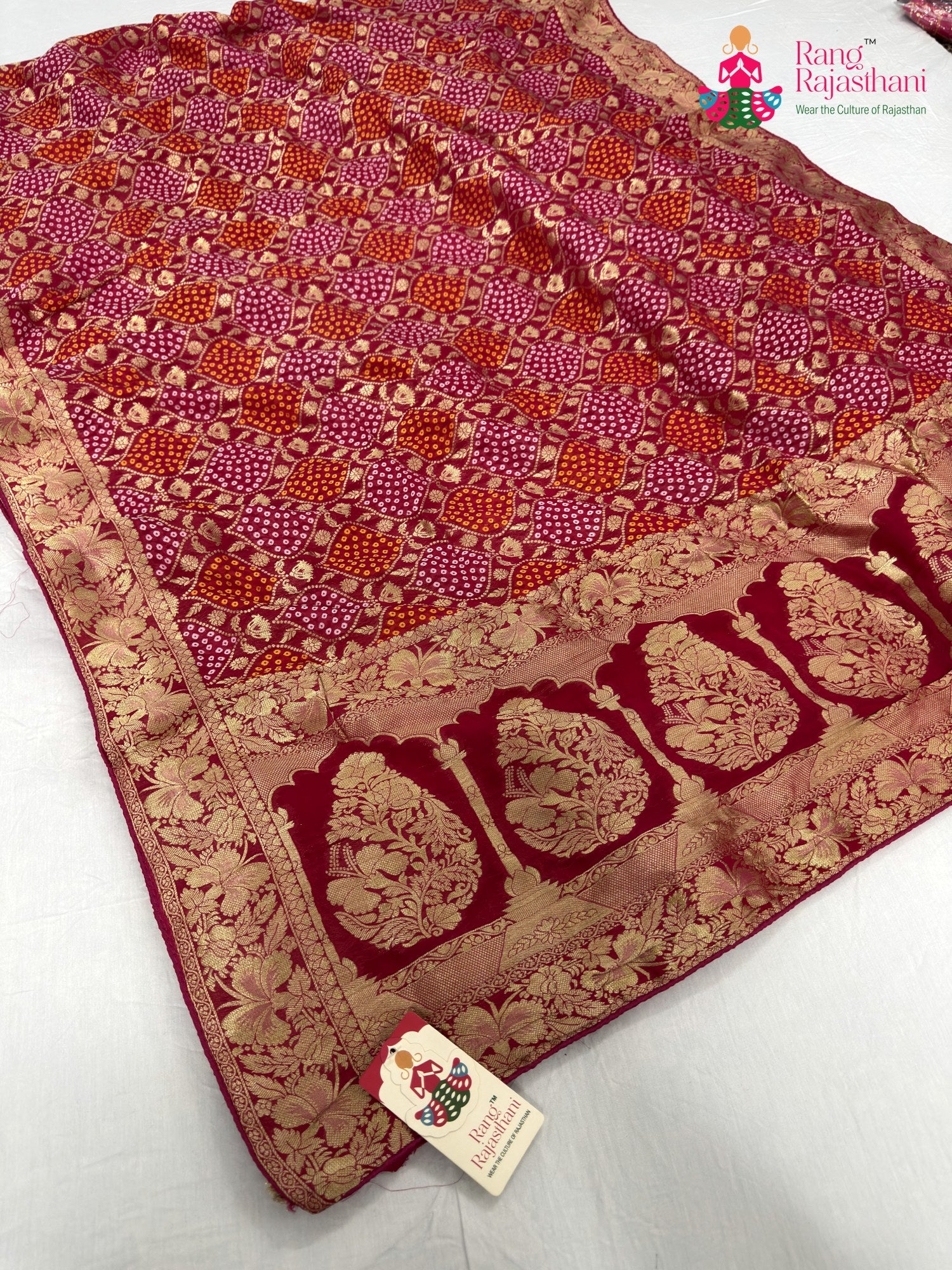 rani pure khaddi georgette bandhani saree for mayra ceremony by Rang Rajasthani