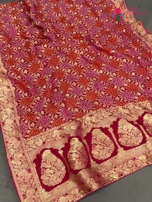 Rani Pure Khaddi Georgette Bandhani Weaving Chunri Saree for Mayra Ceremony | Festive Edit