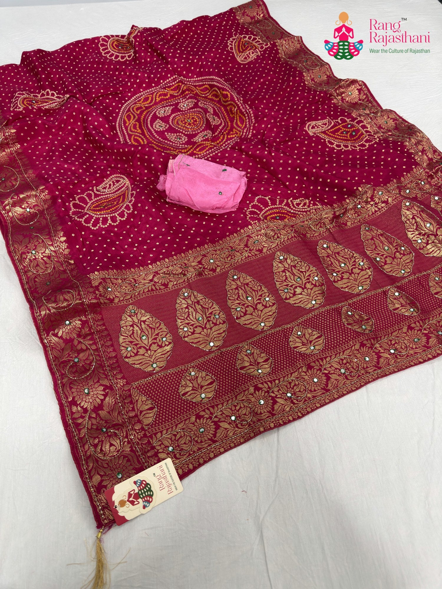 rani pure russian silk bandhani saree for mayra ceremony by Rang Rajasthani