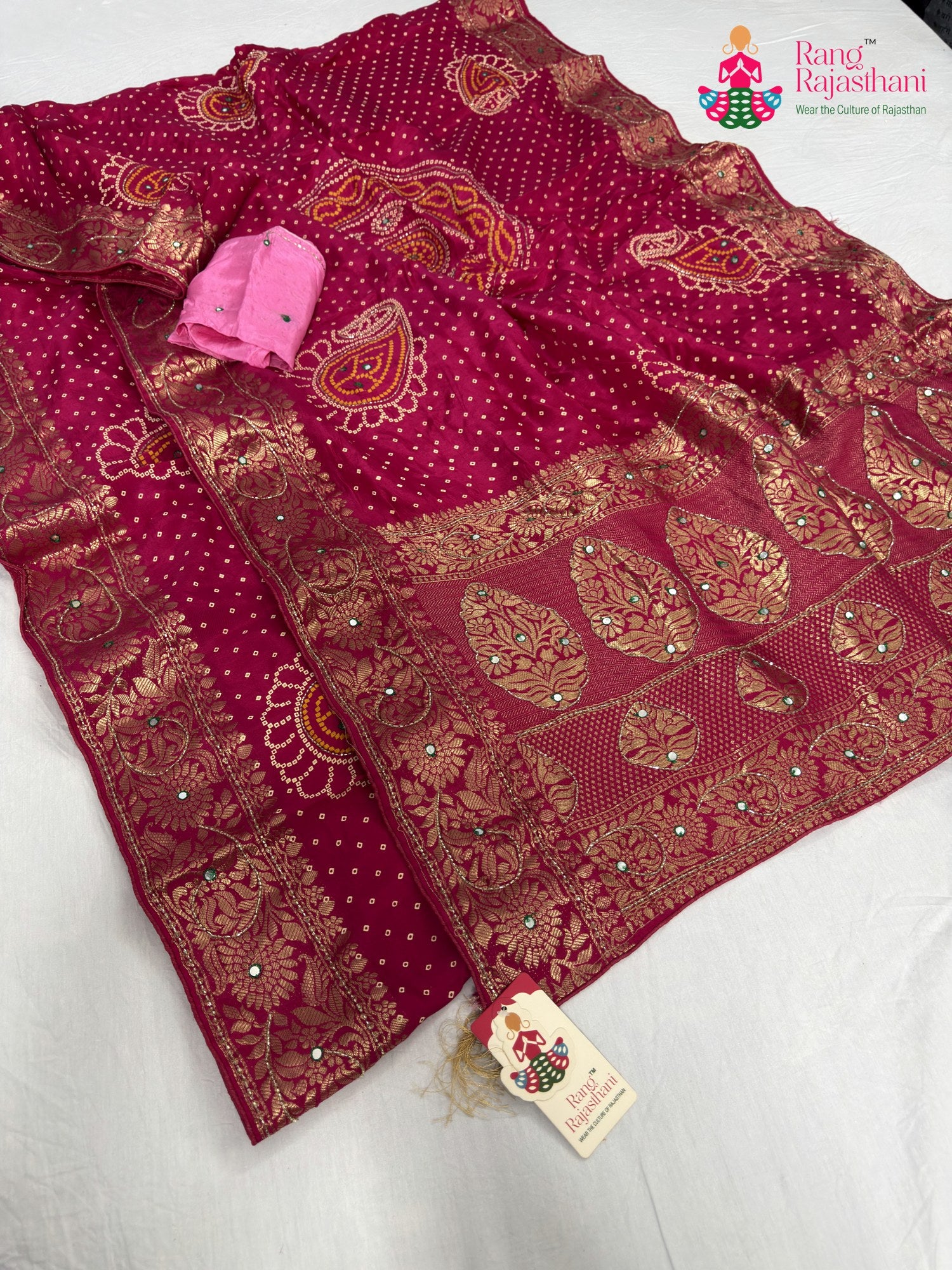 complete look of rani pure russian silk bandhani saree