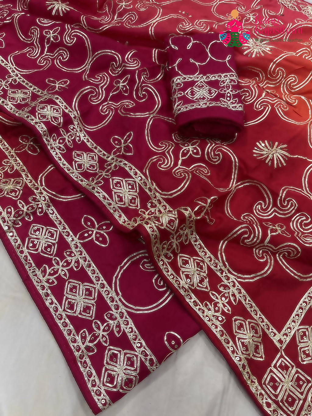 close up detailing of rani pure upada silk gota patti saree 