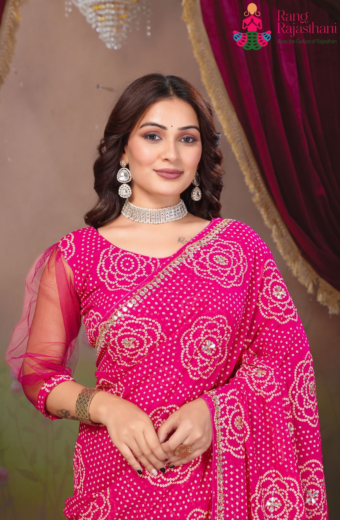 Rani Stitched blouse Bandhani Saree — Festive Saree | Rang Rajasthani Saree