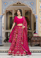 Rani Pure Georgette saree with Gota Patti Bandhej side drape view