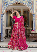Rani Pure Georgette saree with Gota Patti Bandhej back view