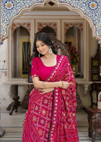 Rani Pure Georgette saree with Gota Patti Bandhej close up detailing