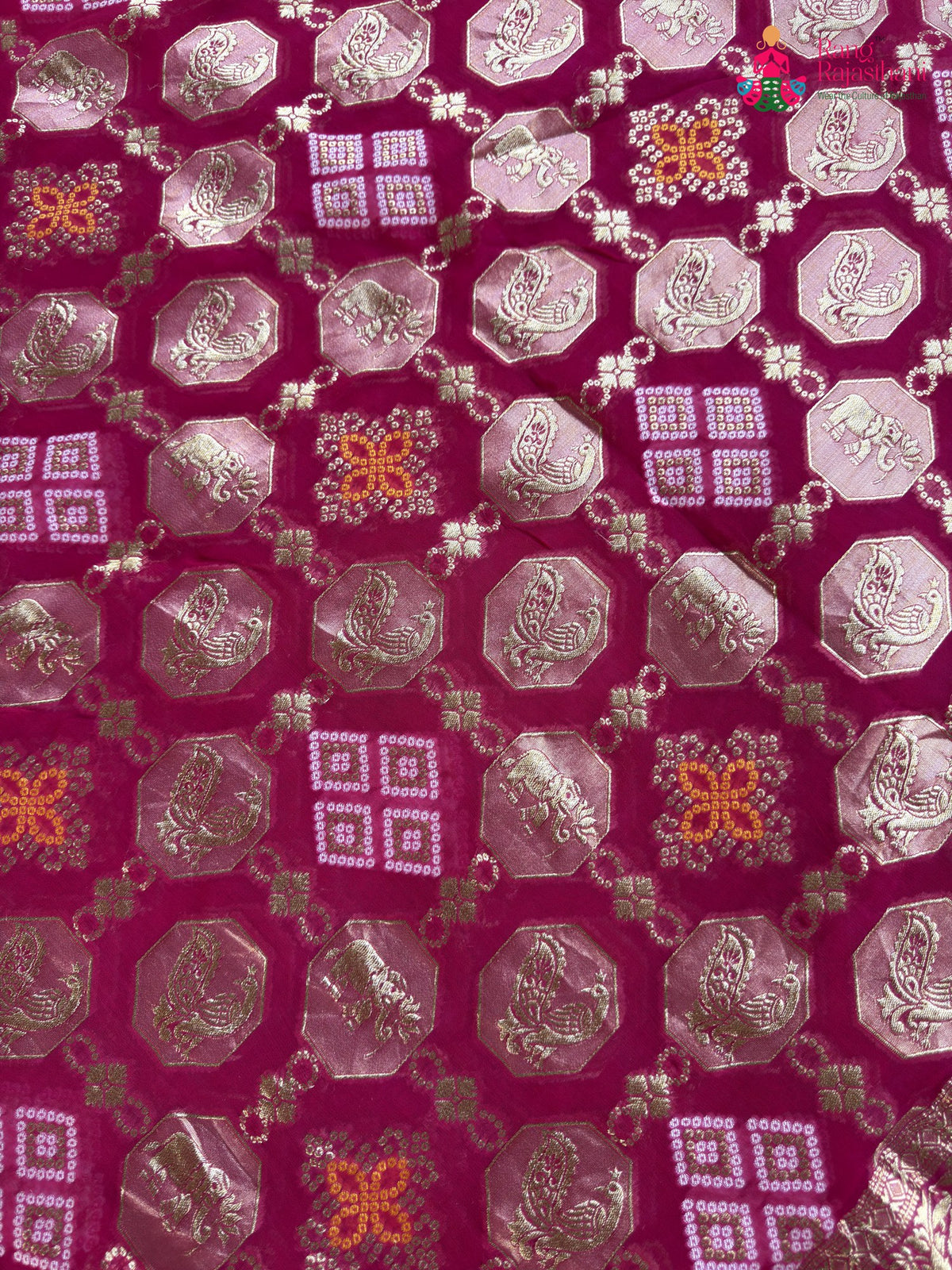 pallu detailing of rani soft georgette banarasi zari weave gharchola saree