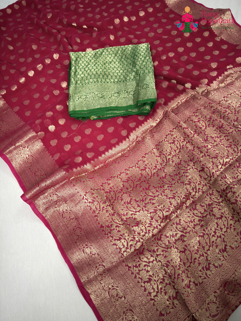 close up detailing of rani soft georgette banarasi zari weave saree
