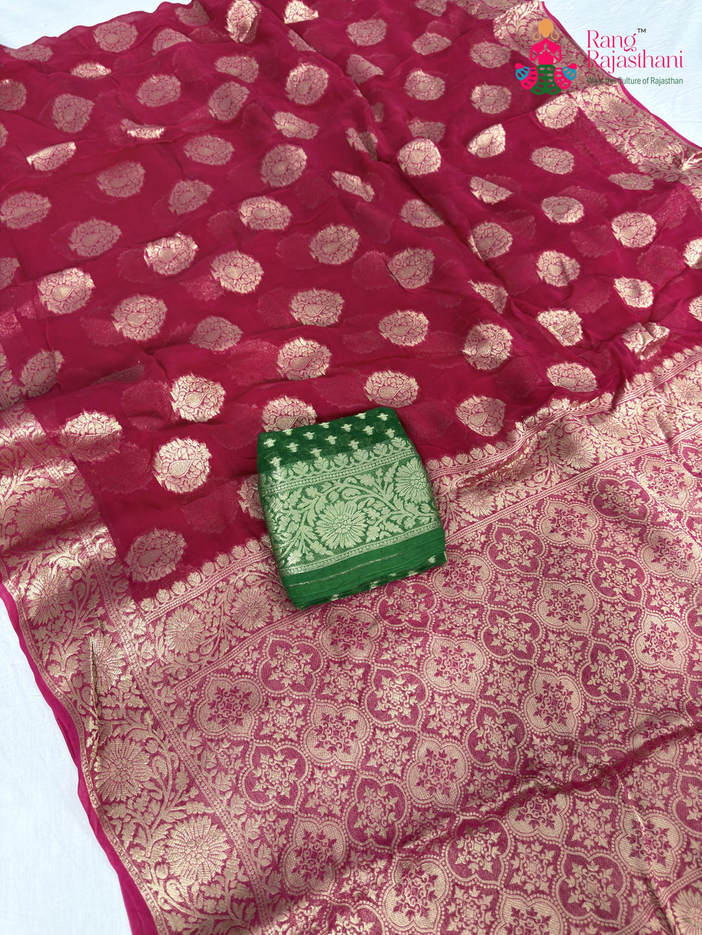 close up detailing of rani soft georgette banarasi zari weave saree