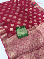 close up detailing of rani soft georgette banarasi zari weave saree