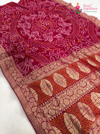 pallu detailing of rani soft georgette bandhani saree