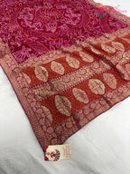 close up detailing of rani soft georgette bandhani saree