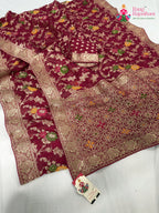close up detailing of rani soft georgette meenakari zari saree