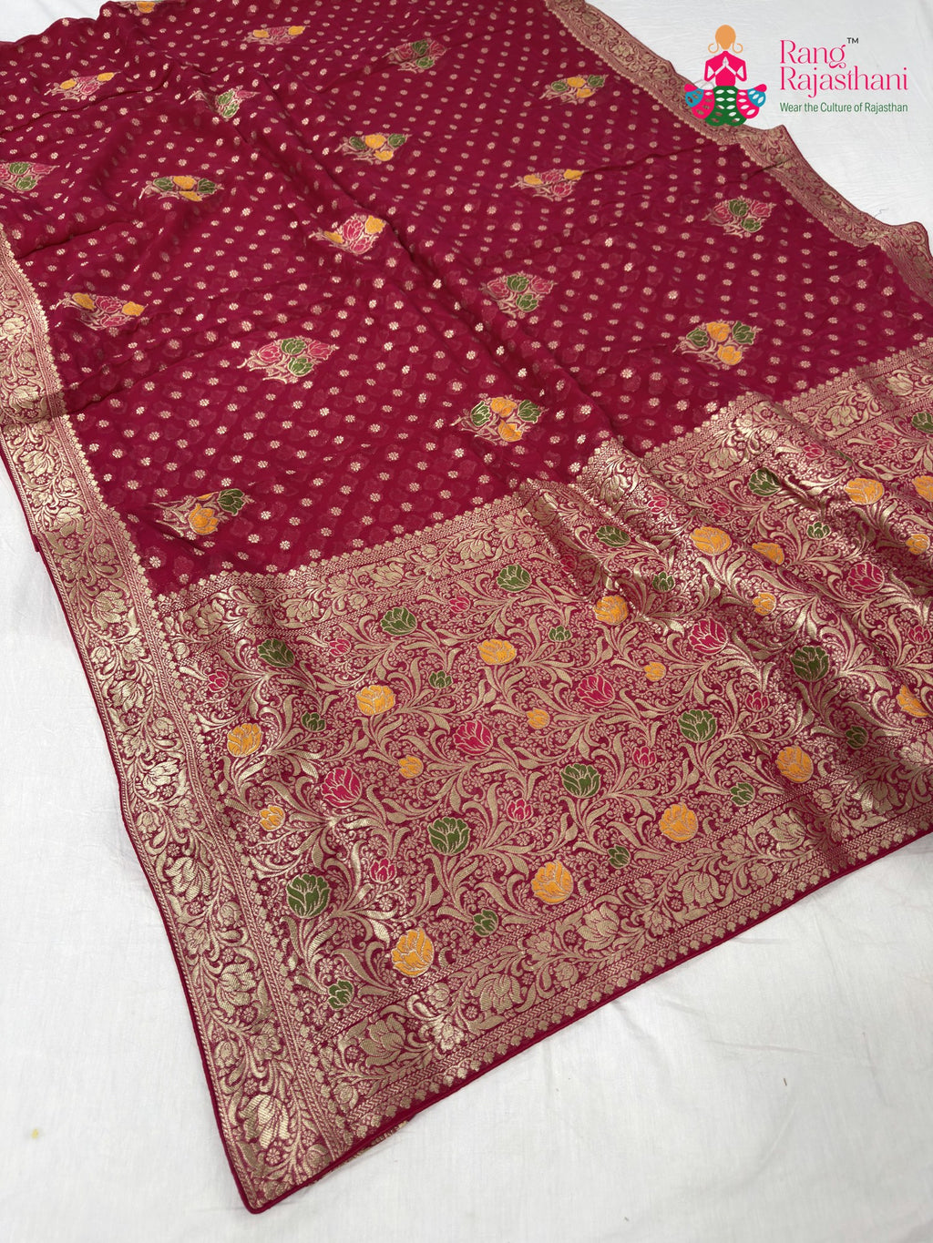 pallu detailing of rani soft georgette meenakari zari saree