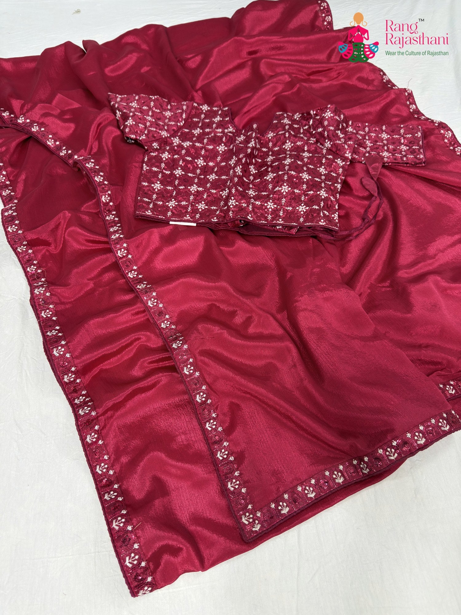 complete look of rani synthetic resham embroidery saree