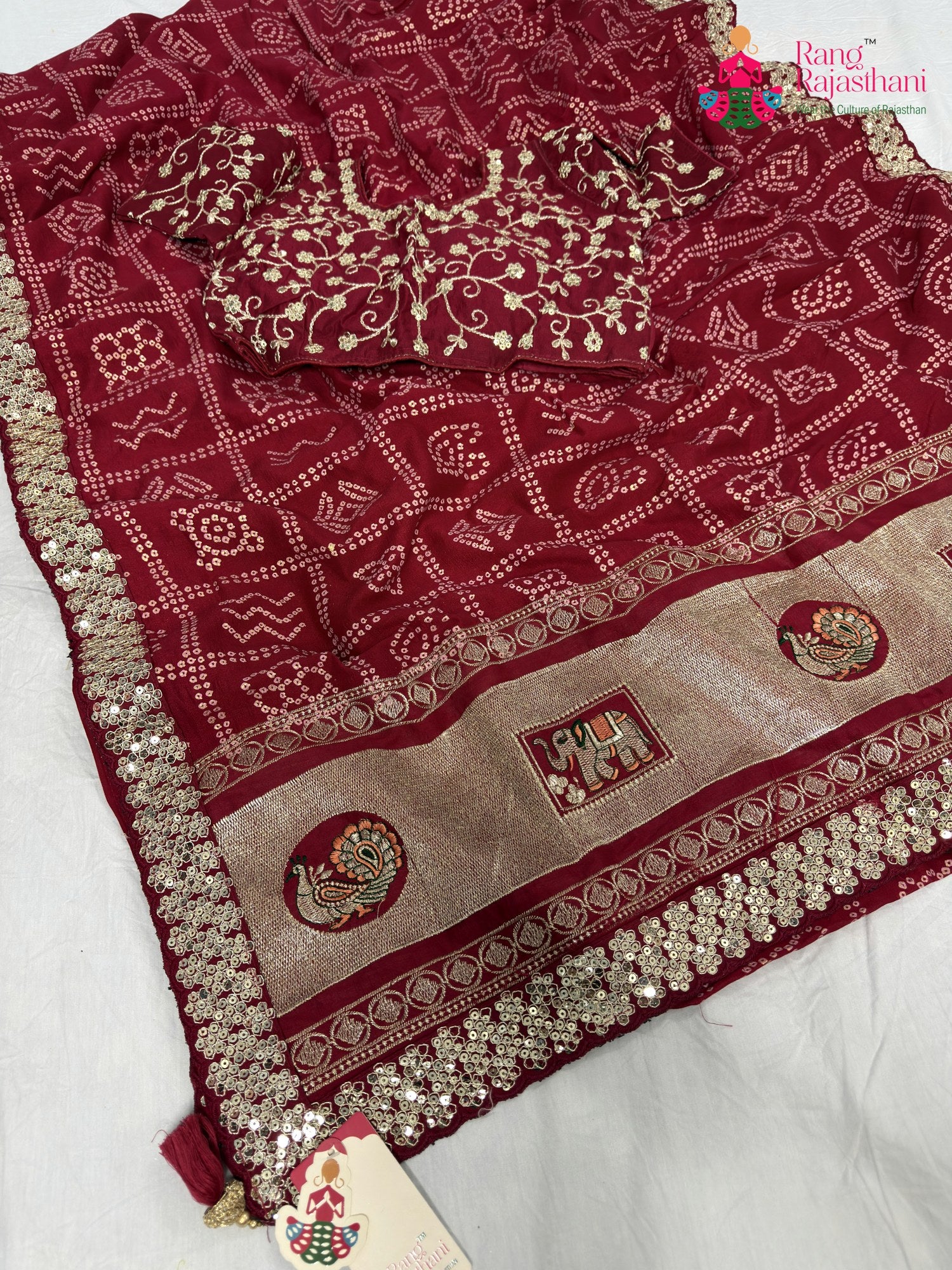 rani synthetic zari embroidery saree for mayra ceremony by Rang Rajasthani