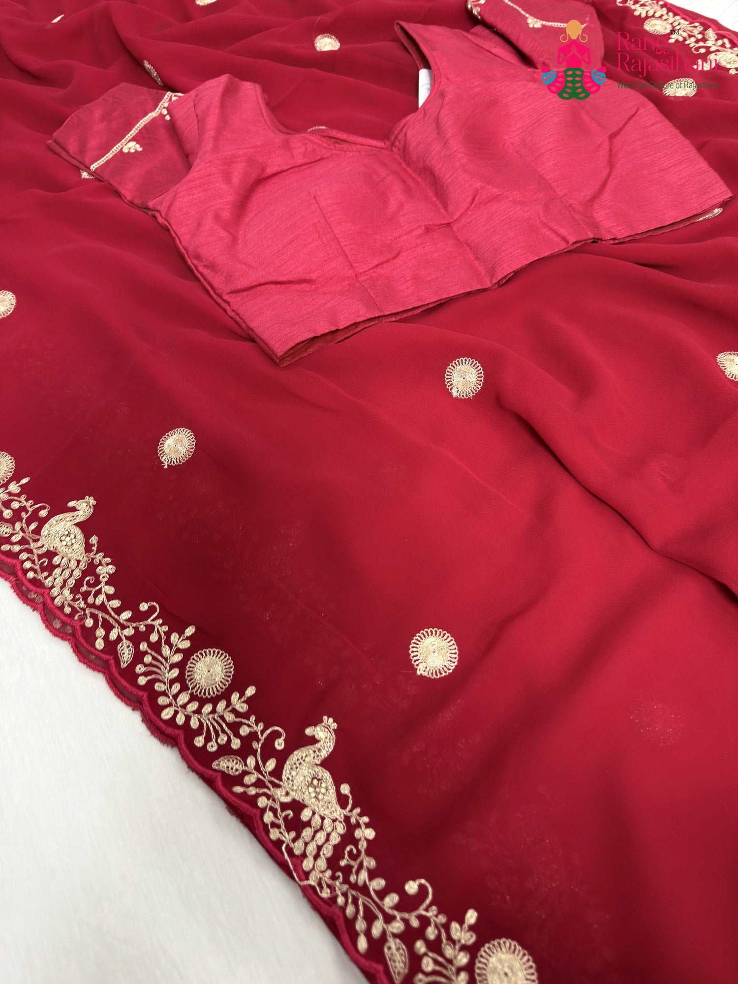 complete look of rani synthetic zari embroidery saree