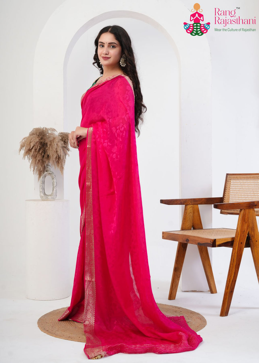 rani pure silk saree with jacquard texture for sister's side drape view