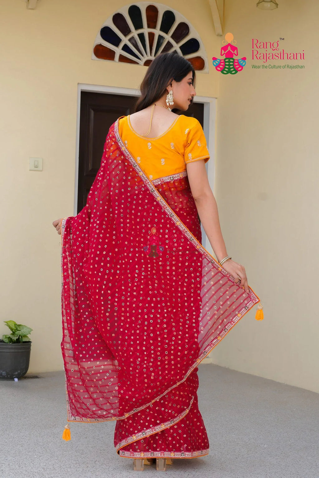 Rani Synthetic Chiffon saree with Foil back view