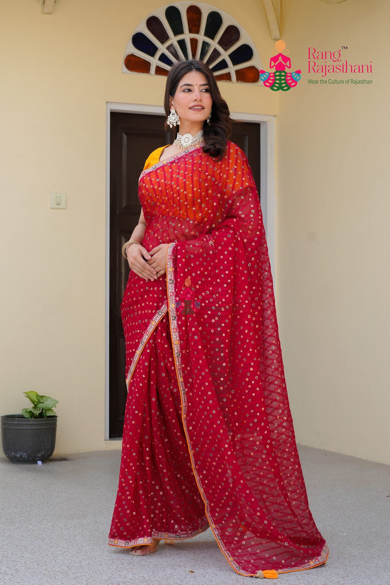 rani chiffon saree with foil for engagement day side drape view