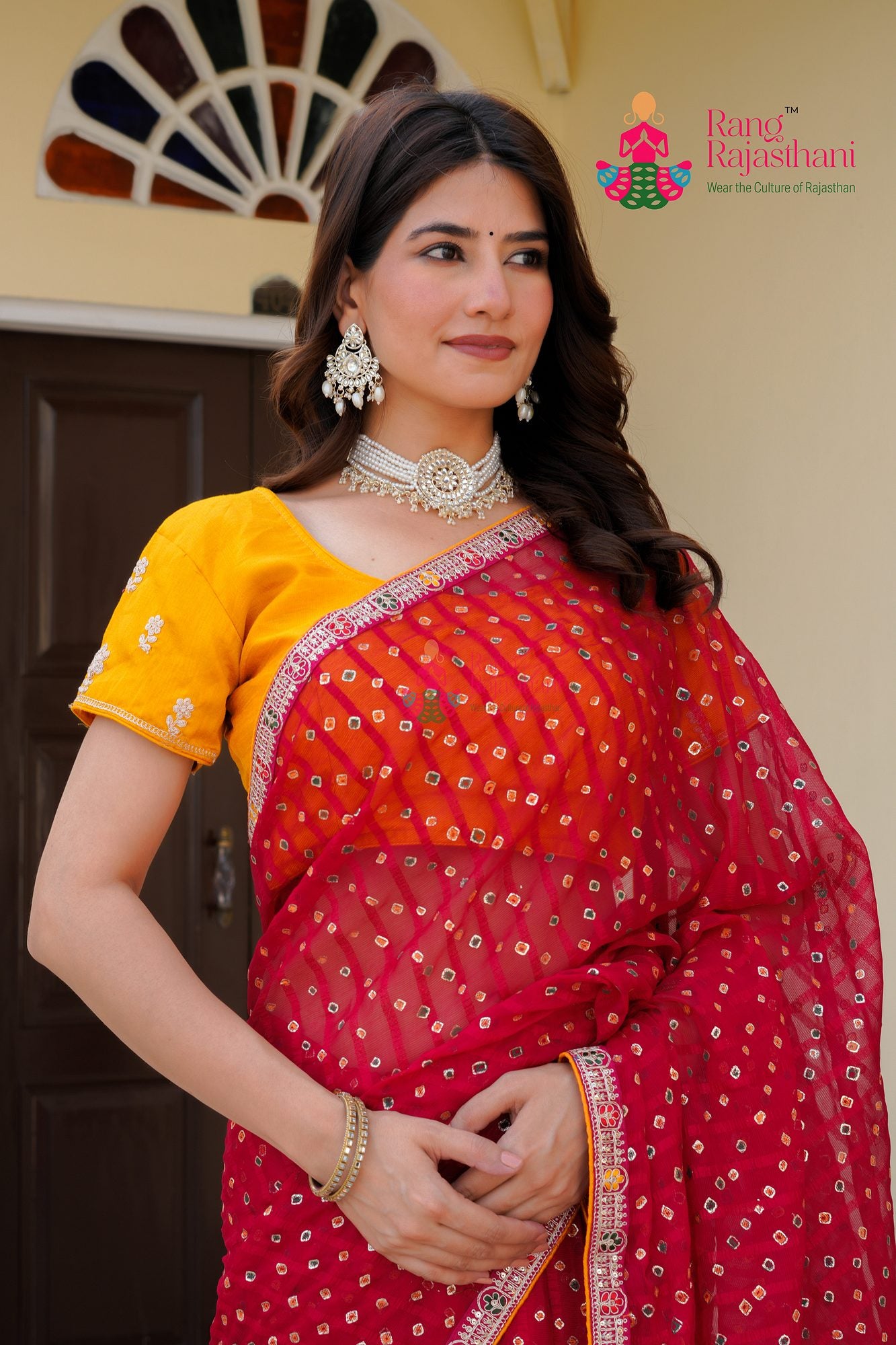 rani chiffon saree with foil for engagement day close-up view