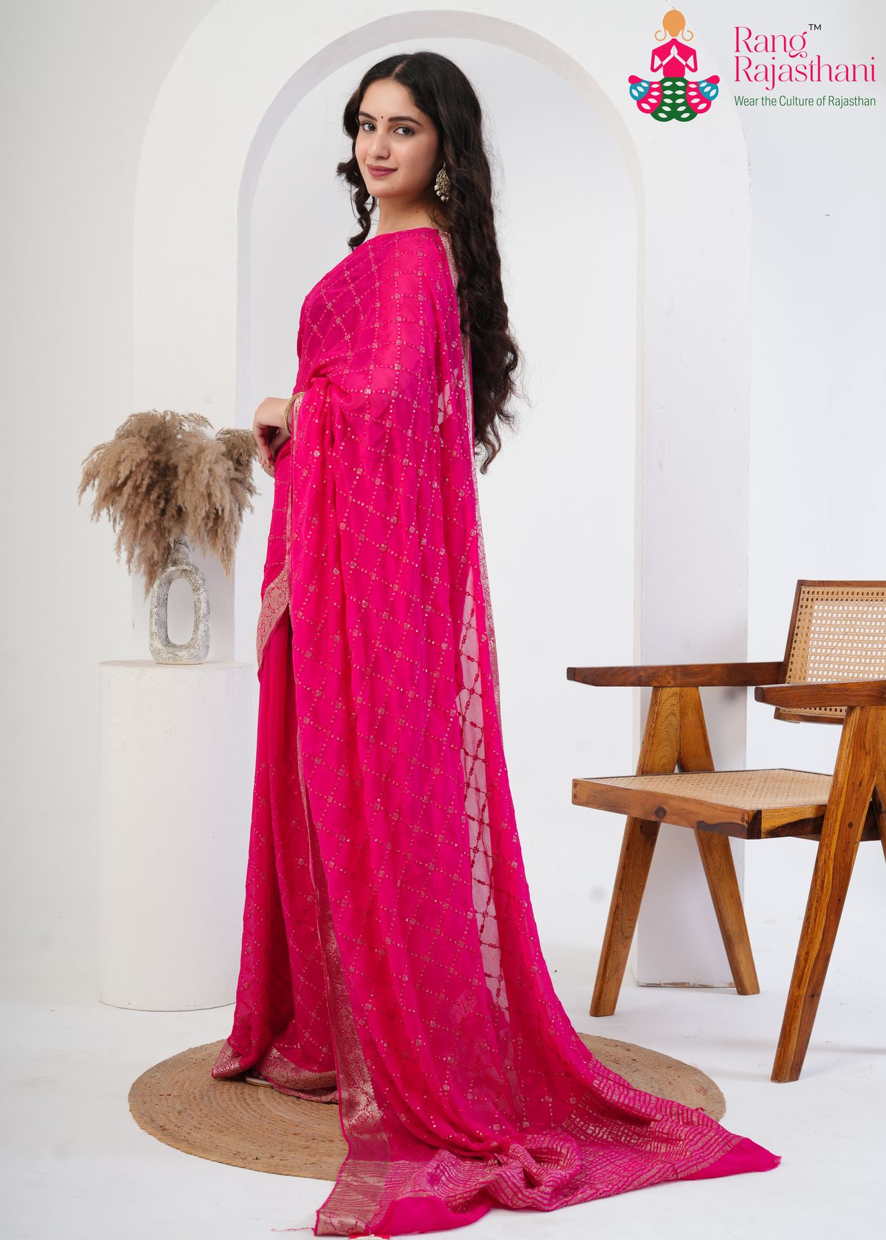 rani pure chinnon saree with sequence for traditional function side drape view