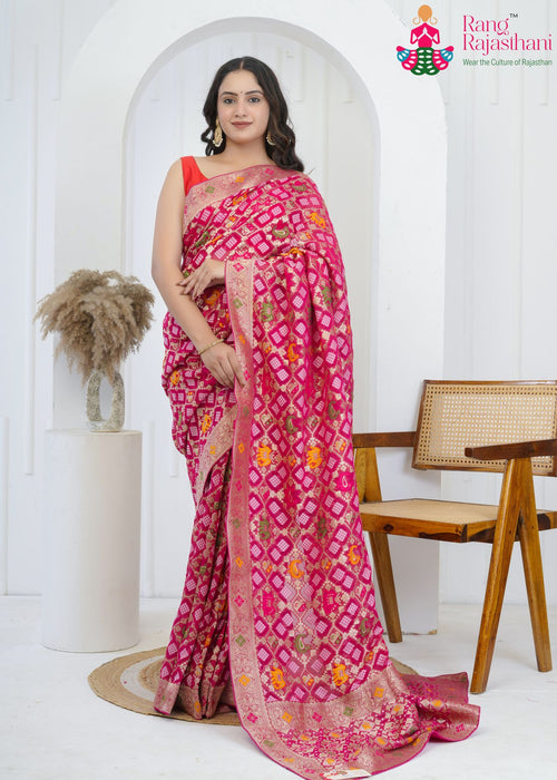 Pink Khaddi Georgette Bandhani Saree : Meenakari Festive Weave