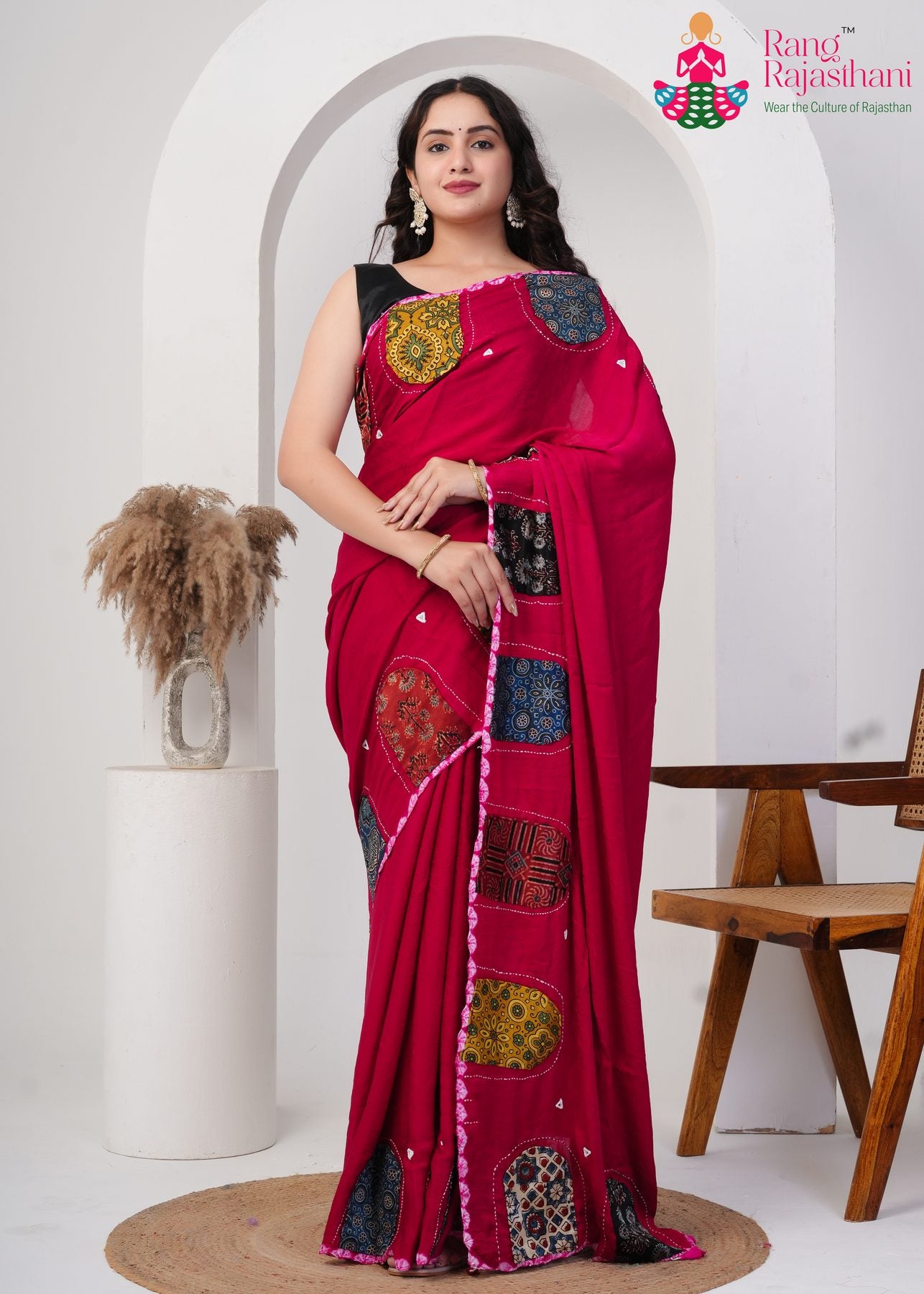 Rani Modal Silk Ajrakh Patchwork Saree : Rajwadi Vivaah