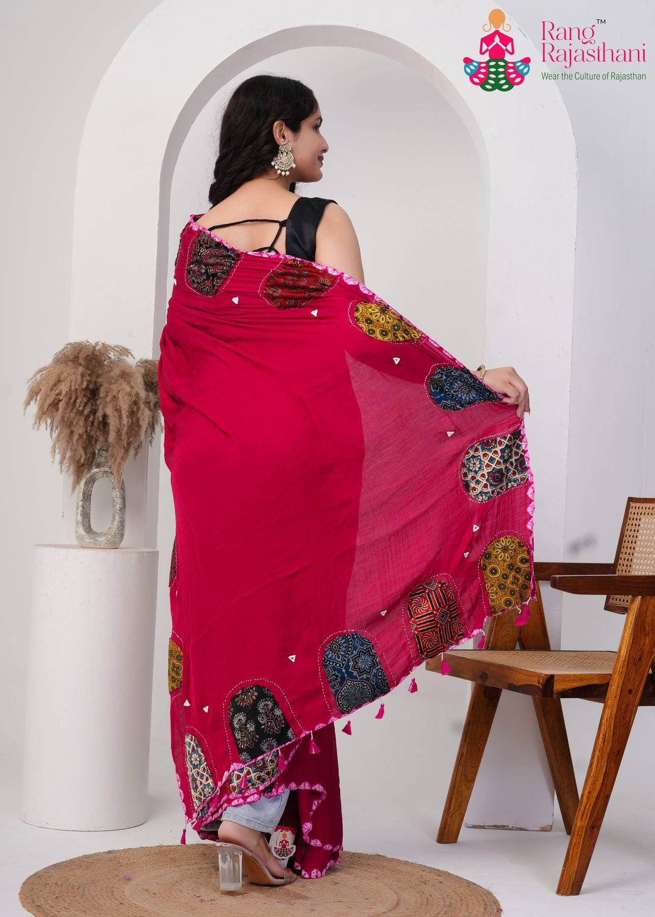 Rani Modal Silk Ajrakh Patchwork Saree : Rajwadi Vivaah