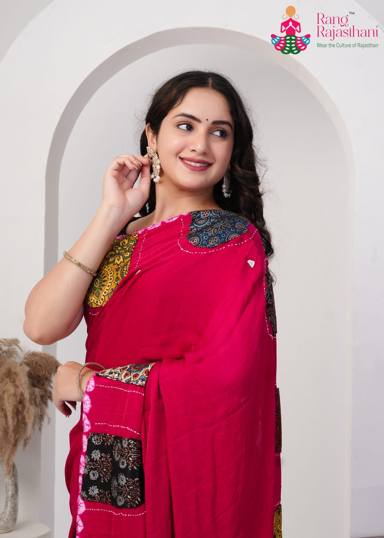 Rani Modal Silk Ajrakh Patchwork Saree : Rajwadi Vivaah