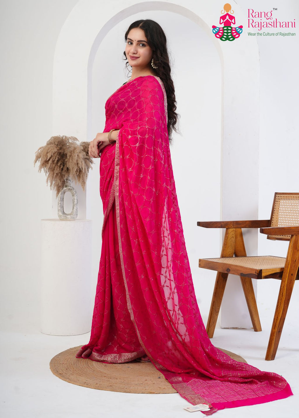 rani pure chinnon saree with resham and micro sequence side drape view