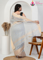 Silver Grey Pure Maheshwari Silk saree with Khaddi Work back view