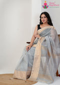 Silver Grey Pure Maheshwari Silk saree with Khaddi Work pleats view