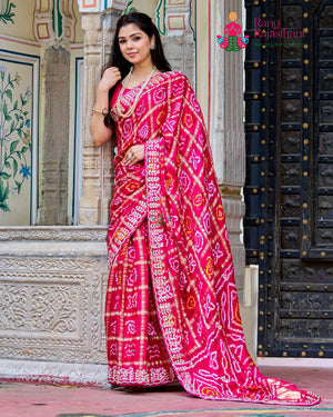 Rani Pure Gaji Silk Hand Tie Dye Bandhani Gharchola Saree for Mayra Ceremony | Designer Collection
