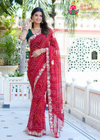Red Georgette Traditional Puja saree with Hand Work from Rang Rajasthani