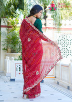 Red Georgette saree with Hand Work back view