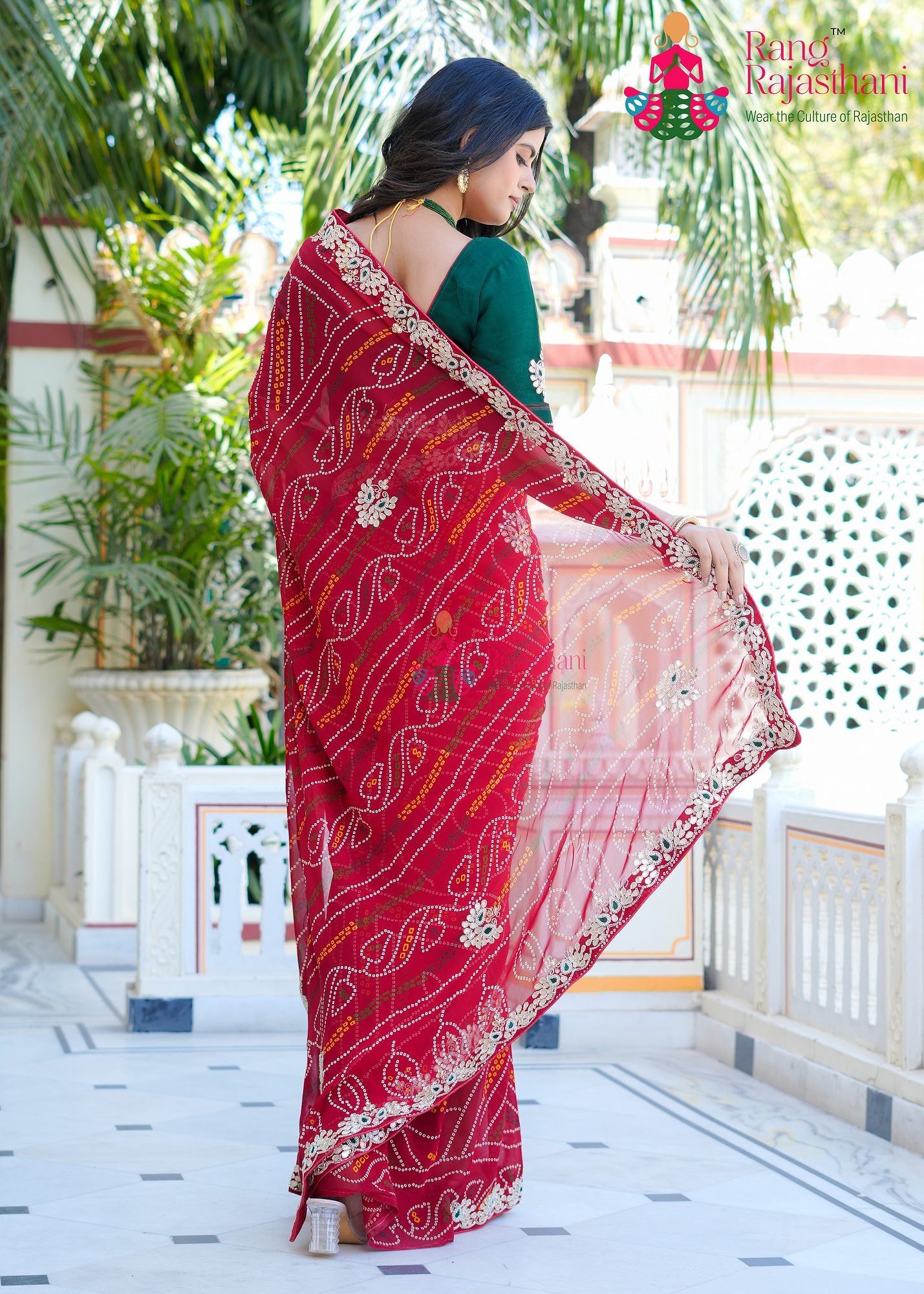 Red Bandhani saree with work | Rang Rajasthani