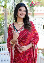 Red Georgette saree with Hand Work close up detailing