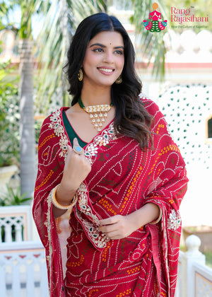 Red Soft Georgette Bandhani Print Chunri Saree for Mayra Ceremony | Festive Wear