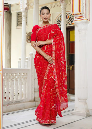 Red Art Georgette Bandhani Print Chunri Saree for Mayra Ceremony | Ethnic Edit